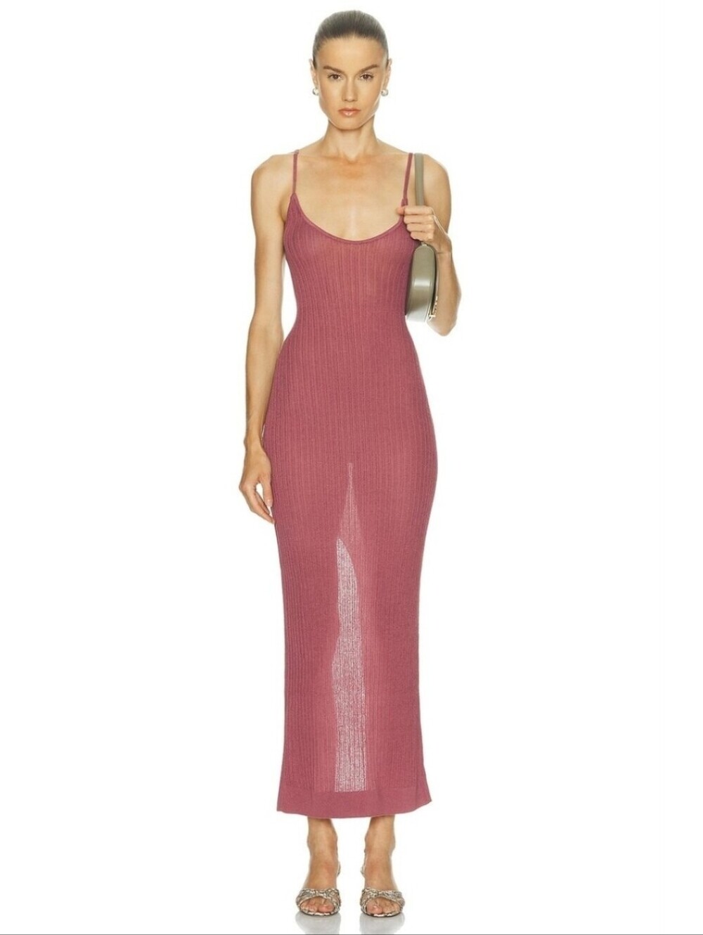 NWT Skims Sheer Knit Maxi Dress with Spaghetti Straps And Slit Magenta Beet XS